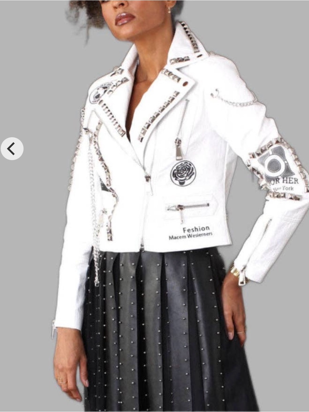 White Studded Biker Jacket with Chain Detail -